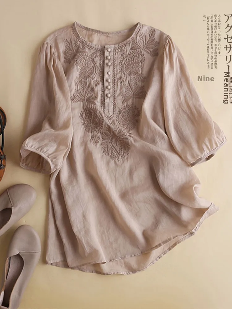 Ele Embroidered Cotton Linen ort Sve irt Thin Cotton Linen Women's Top round Ne Casual Summer Faion
Ele Embroidered Cotton Linen ort Sve irt Thin Cotton Linen Women's Top round Ne Casual Summer Faion