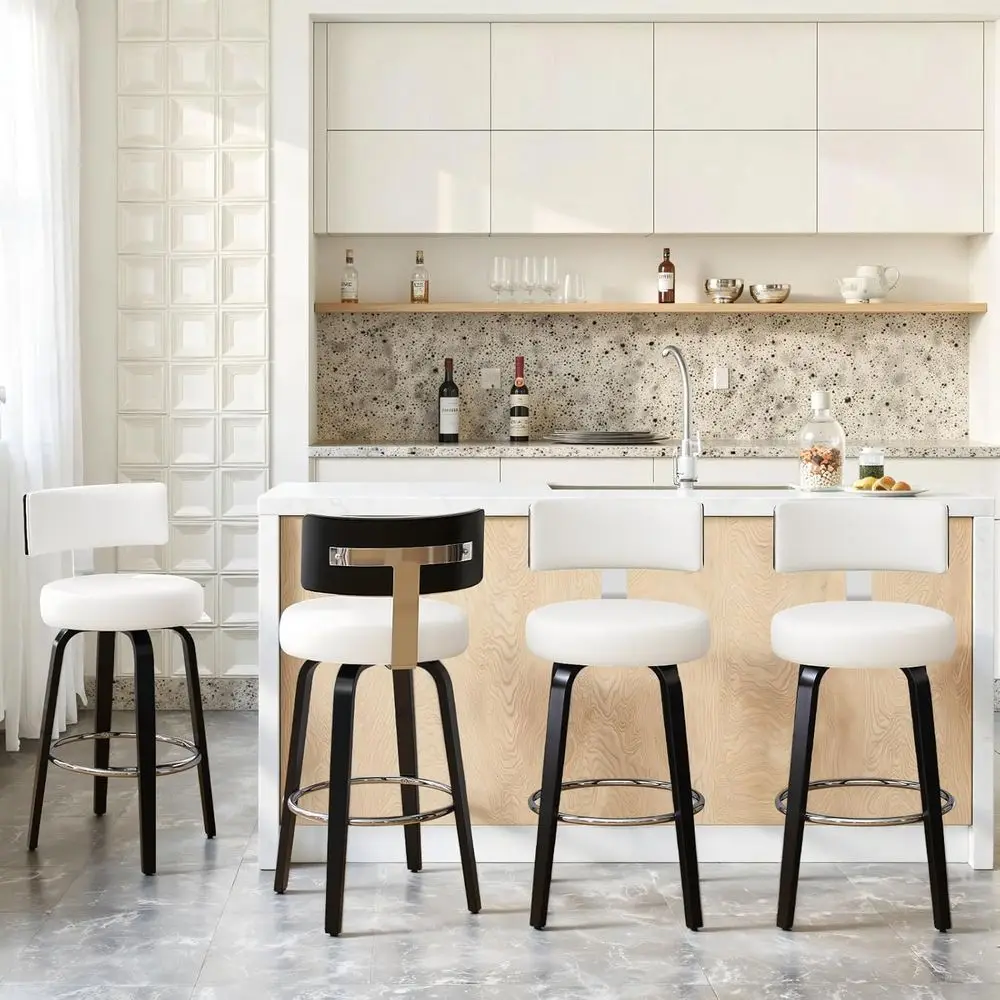 Set of 4 Swivel Bar Stools, 26 Seat Height, Leather Upholstered, Black Wood Legs, White Seats
Set of 4 Swivel Bar Stools, 26 Seat Height, Leather Upholstered, Black Wood Legs, White Seats