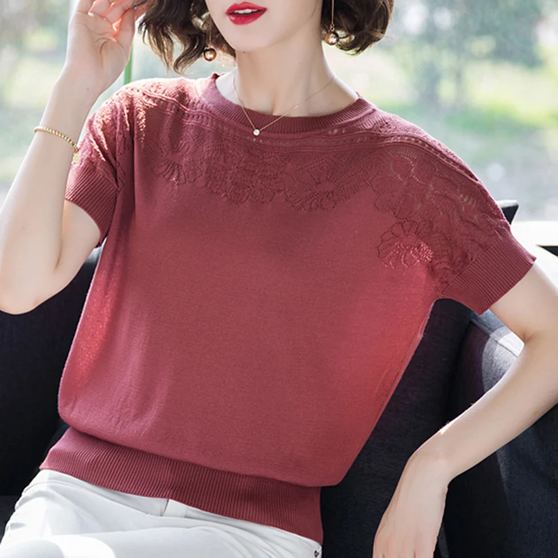 Versatile Temperament New Round Neck Solid Color Jacquard Women's Clothing Summer Fashion Short Sleeved Loose Knit T-shirt Tops
Versatile Temperament New Round Neck Solid Color Jacquard Women's Clothing Summer Fashion Short Sleeved Loose Knit T-shirt Tops
