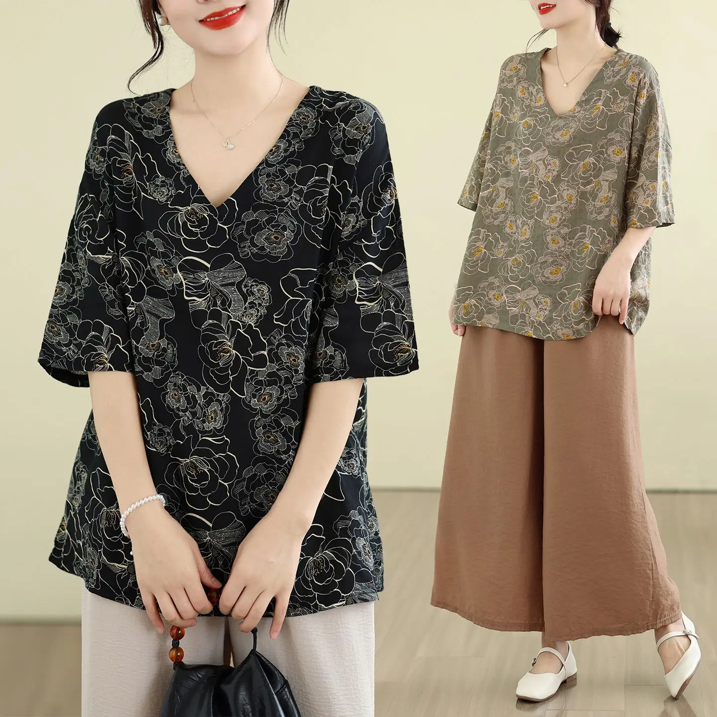Summer Women's Retro Cotton Linen Short Sleeve T-shirt Thin V-neck Base Shirt Top High-end Luxury plus Size Commute Style
Summer Women's Retro Cotton Linen Short Sleeve T-shirt Thin V-neck Base Shirt Top High-end Luxury plus Size Commute Style
