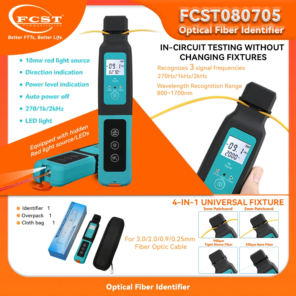 FCST 270Hz Optical Fiber Identifier Built-in Visual fault locator (10mw VFL) and LED Lights 800-1700nm
FCST 270Hz Optical Fiber Identifier Built-in Visual fault locator (10mw VFL) and LED Lights 800-1700nm