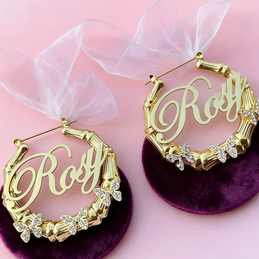 LeeChee Custom Name Bamboo Hoop Diamond Butterfly Name Earring Stainless Steel Earrings Bamboo Girl's Birthday Gift
LeeChee Custom Name Bamboo Hoop Diamond Butterfly Name Earring Stainless Steel Earrings Bamboo Girl's Birthday Gift