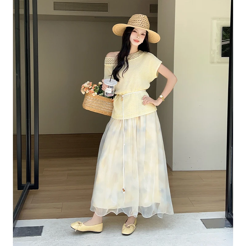 Yellow Gentle Knitwear Mesh Skirt Two-Piece Set Women's Summer Elegance Brightening Ensemble Soft Style Office Wear
Yellow Gentle Knitwear Mesh Skirt Two-Piece Set Women's Summer Elegance Brightening Ensemble Soft Style Office Wear