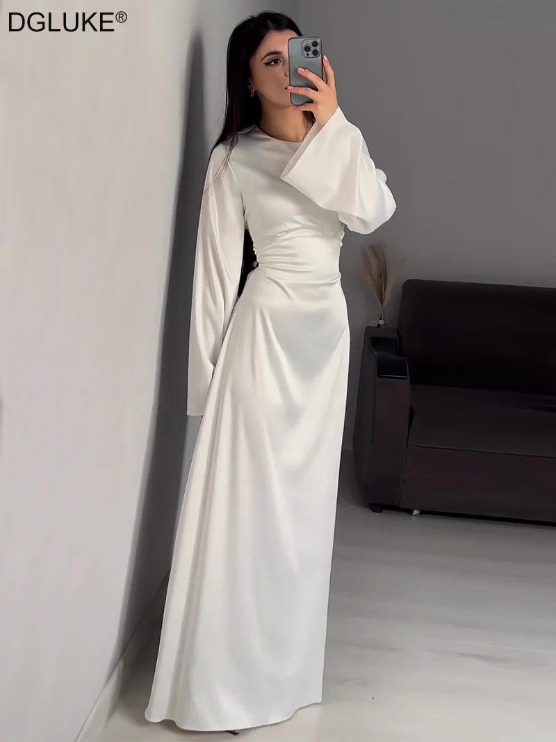 DGLUKE Elegant White Satin Dress Women O-Neck Flare Sleeve Maxi Dress Spring Autumn Cross Back Bandage Long Dress Vintage
DGLUKE Elegant White Satin Dress Women O-Neck Flare Sleeve Maxi Dress Spring Autumn Cross Back Bandage Long Dress Vintage