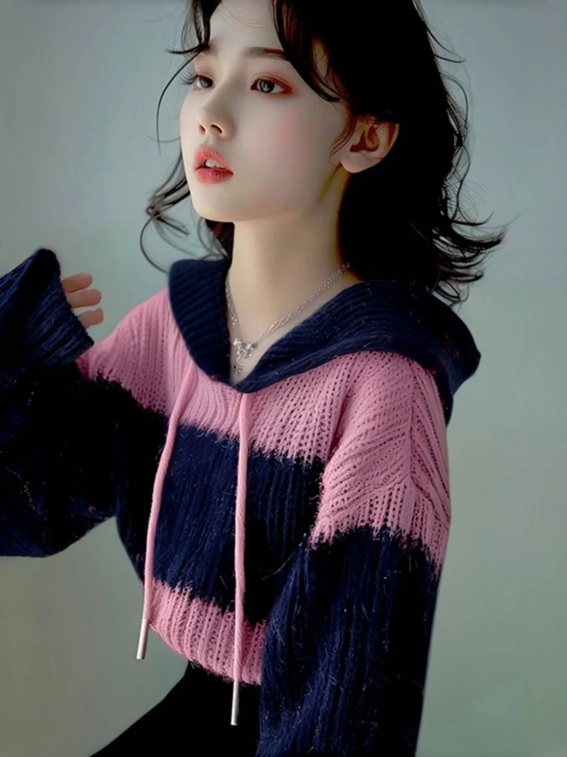 Корейский стиль, контрастный вязаный женский свитер с капюшоном и шнурком, ранняя осень, новый крутой цветной женский модный топ 
Корейский стиль, контрастный вязаный женский свитер с капюшоном и шнурком, ранняя осень, новый крутой цветной женский модный топ