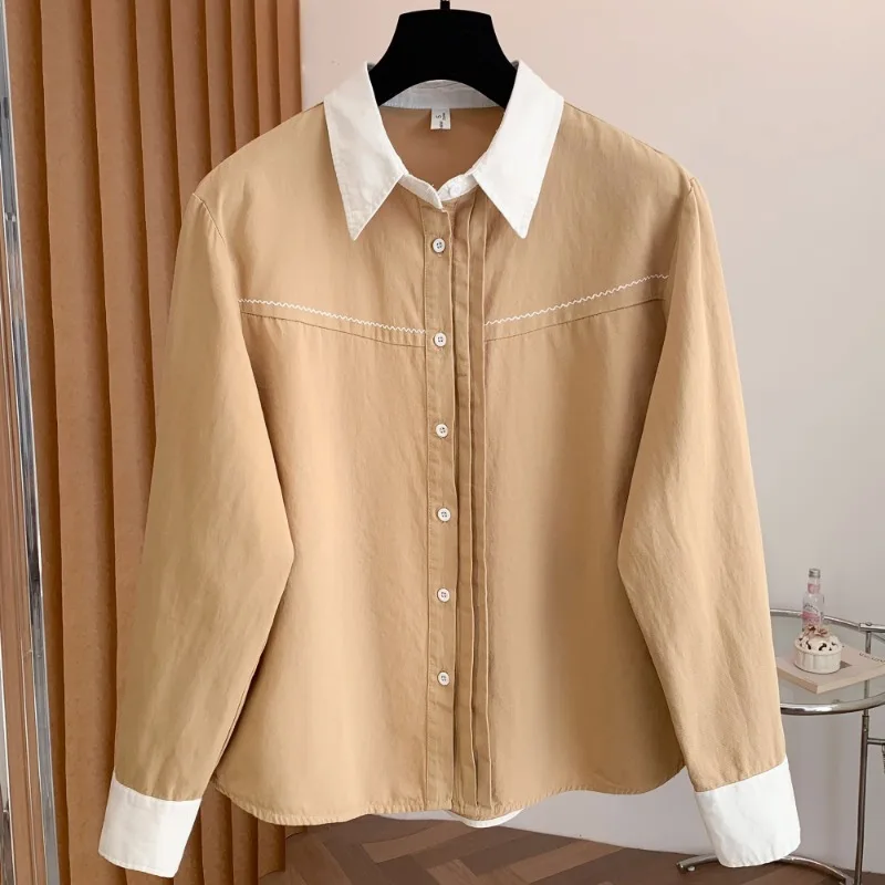 Women's Khaki Contrast Collar Cuff Stitched Detail Long Sleeve Button Down Blouse
Women's Khaki Contrast Collar Cuff Stitched Detail Long Sleeve Button Down Blouse