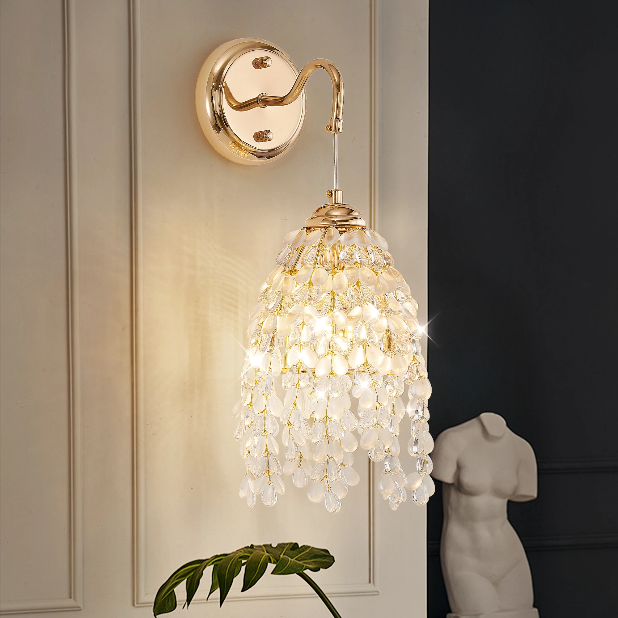 Set of 2 Gold Frame and Crystal Grape-Shaped Bead String Wall Sconces ,E12 Bulb Socket, Elegant Hanging Light Fixture (No Bulb)
Set of 2 Gold Frame and Crystal Grape-Shaped Bead String Wall Sconces ,E12 Bulb Socket, Elegant Hanging Light Fixture (No Bulb)