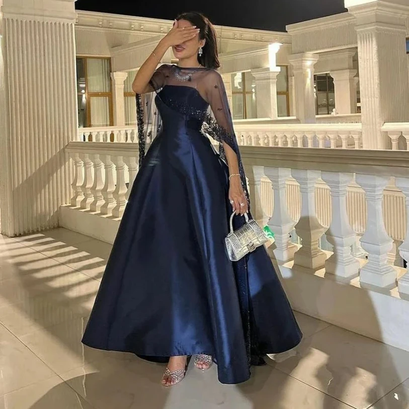 Navy Blue A-Line Satin Prom Dresses Lace Cape Pleated Ankle Length Exquisite High Quality Evening Party Gown for Women Customize
Navy Blue A-Line Satin Prom Dresses Lace Cape Pleated Ankle Length Exquisite High Quality Evening Party Gown for Women Customize