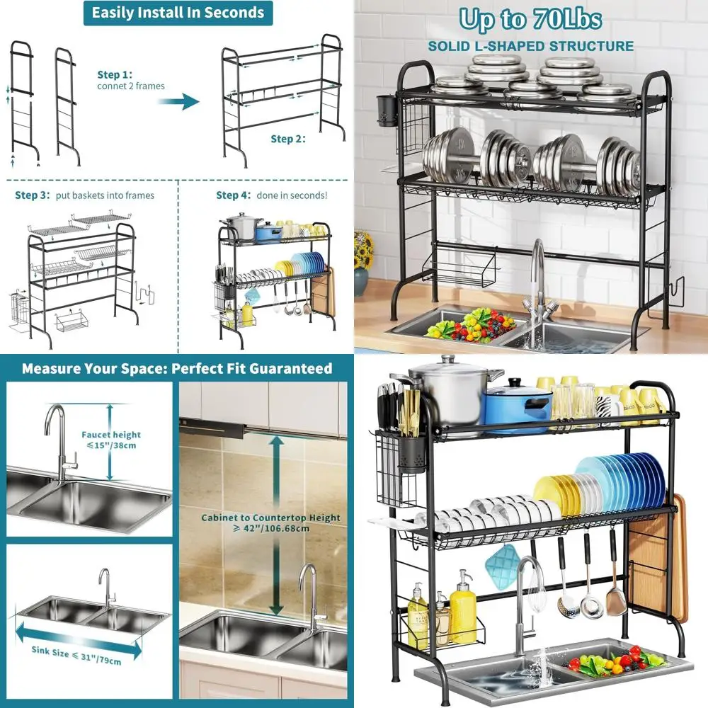 Large 3-Tier Stainless Steel Over-Sink Dish Rack with Utensil Holder for Kitchen Counter
Large 3-Tier Stainless Steel Over-Sink Dish Rack with Utensil Holder for Kitchen Counter