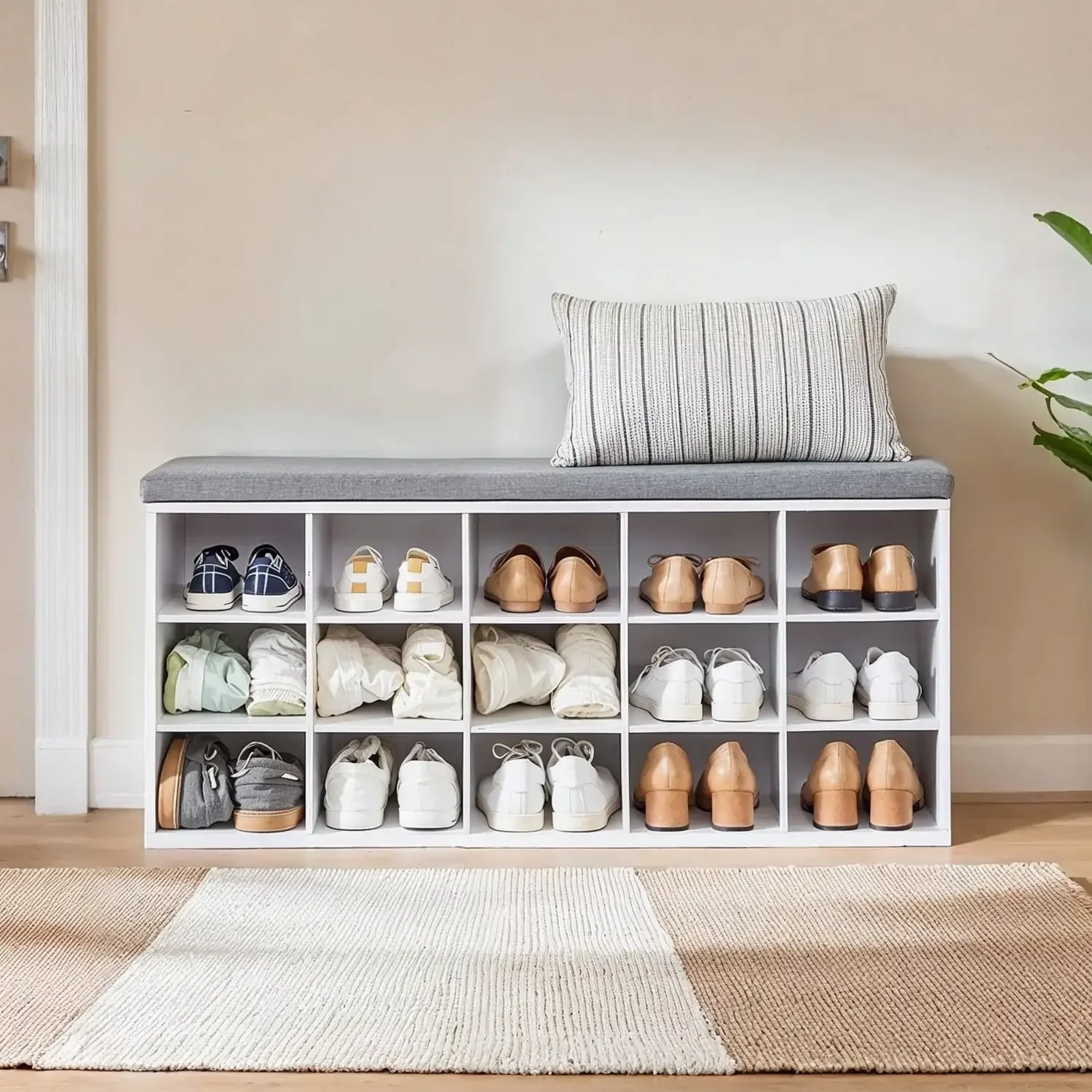 Shoe Rack Bench with Cushion 15 Compartments Sturdy Storage Bench Sturdy Shoes Bench for Entryway White
Shoe Rack Bench with Cushion 15 Compartments Sturdy Storage Bench Sturdy Shoes Bench for Entryway White