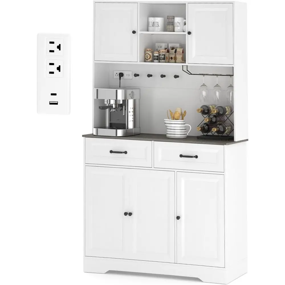 Spacious Pantry Cabinet with Charging Station, Hutch, Adjustable Shelves, and Wine Rack, White Coffee Bar with Round Hooks, Gray
Spacious Pantry Cabinet with Charging Station, Hutch, Adjustable Shelves, and Wine Rack, White Coffee Bar with Round Hooks, Gray