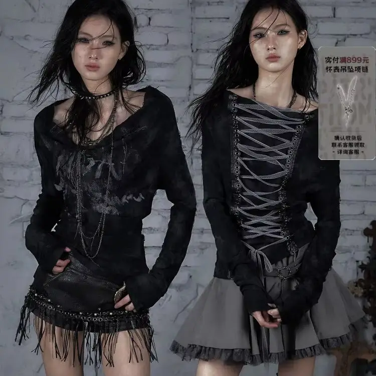 NO ROMANCE Origin Design Gothic Punk Printing Slash Neck Long Sleeve Lace-up Two Ways Wear Blouse Subculture Black Blusa Shirts
NO ROMANCE Origin Design Gothic Punk Printing Slash Neck Long Sleeve Lace-up Two Ways Wear Blouse Subculture Black Blusa Shirts