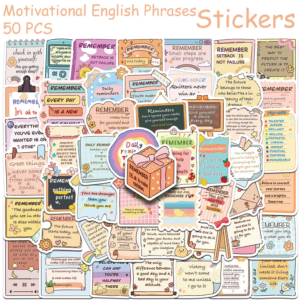 50pcs Motivational English Phrases Stickers Decals For Laptop Notebook Refrigerator Skateboard DIY Graffiti Aesthetic Stickers
50pcs Motivational English Phrases Stickers Decals For Laptop Notebook Refrigerator Skateboard DIY Graffiti Aesthetic Stickers