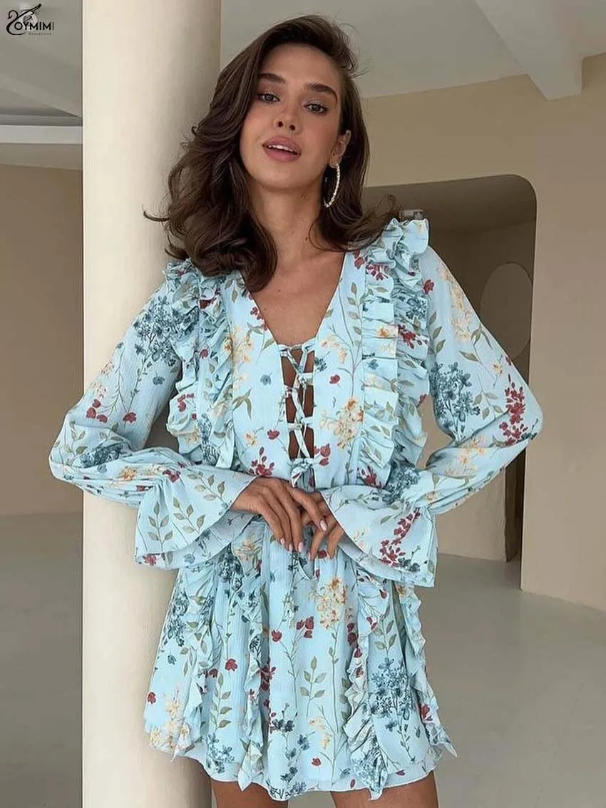 Oymimi Fashion Blue Print Women's Dress Elegant V-Neck Long Sleeve Ruffled Dresses Autumn Casual Lace-Up Pleated Mini Dresses
Oymimi Fashion Blue Print Women's Dress Elegant V-Neck Long Sleeve Ruffled Dresses Autumn Casual Lace-Up Pleated Mini Dresses