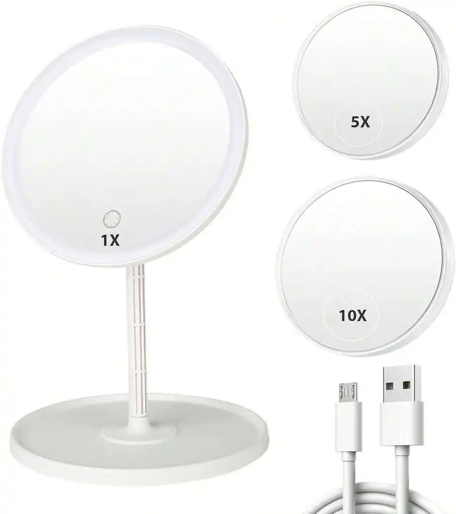 LED Makeup Mirror With 1X 5X 10X Magnifiers, 3 Color Light, USB Rechargeable Vanity Mirror
LED Makeup Mirror With 1X 5X 10X Magnifiers, 3 Color Light, USB Rechargeable Vanity Mirror