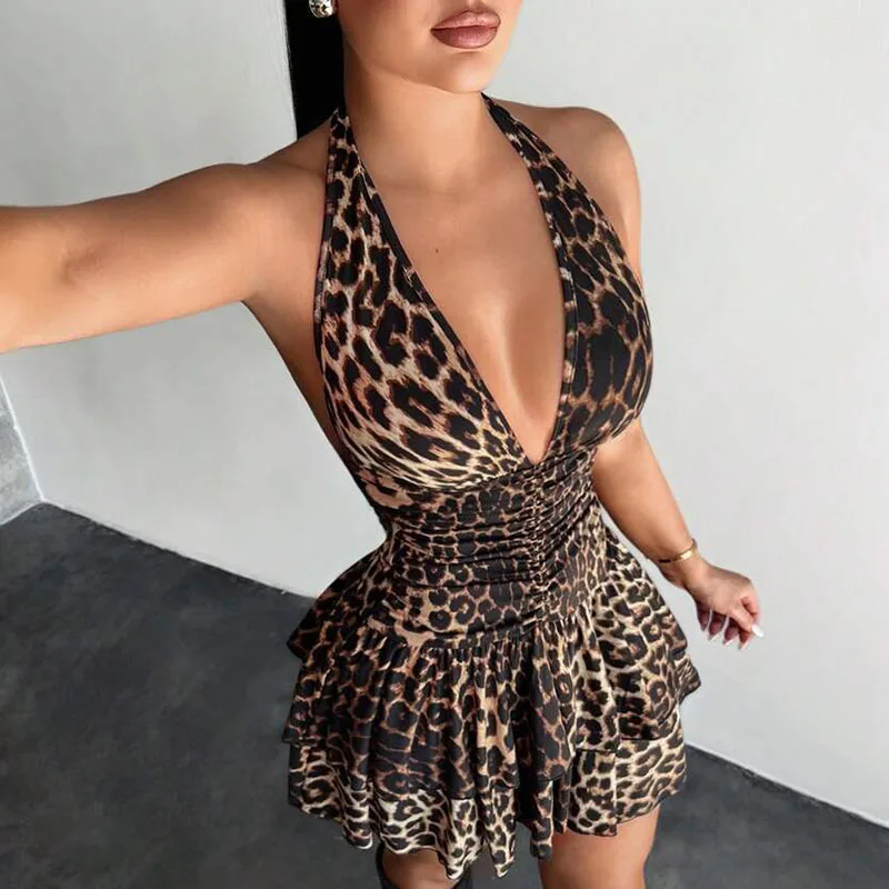 Summer Backless A-Line Short Dress Retro Leopard Print Slim Ruffle Mini Dress Women's Sexy Deep V Neck Halter Hollow Party Dress
Summer Backless A-Line Short Dress Retro Leopard Print Slim Ruffle Mini Dress Women's Sexy Deep V Neck Halter Hollow Party Dress