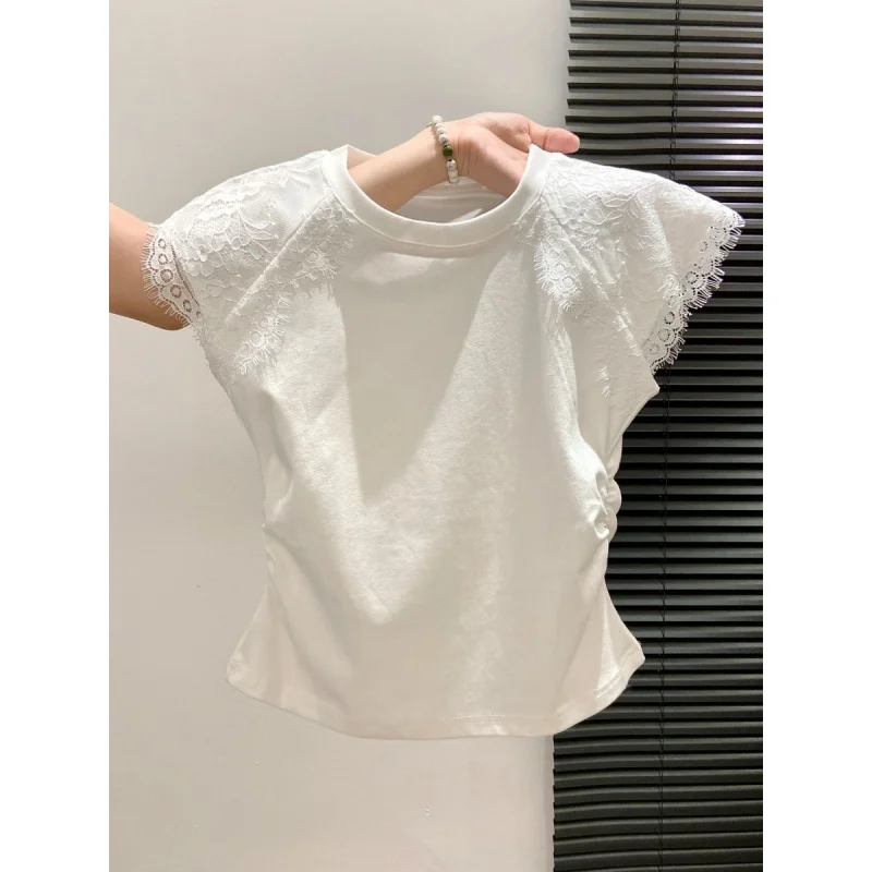 Lace-spliced Short-sleeved T-shirt for Women, Summer 2026 New Style, Popular, Pleated Waist, Small Flared Sleeves, Short Top
Lace-spliced Short-sleeved T-shirt for Women, Summer 2026 New Style, Popular, Pleated Waist, Small Flared Sleeves, Short Top
