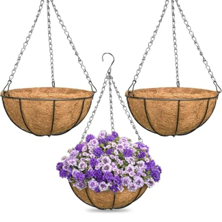 Outdoor indoor 16-inch hanging plant baskets, natural coconut fiber liner, brown, durable rust-resistant metal frame for flower
Outdoor indoor 16-inch hanging plant baskets, natural coconut fiber liner, brown, durable rust-resistant metal frame for flower