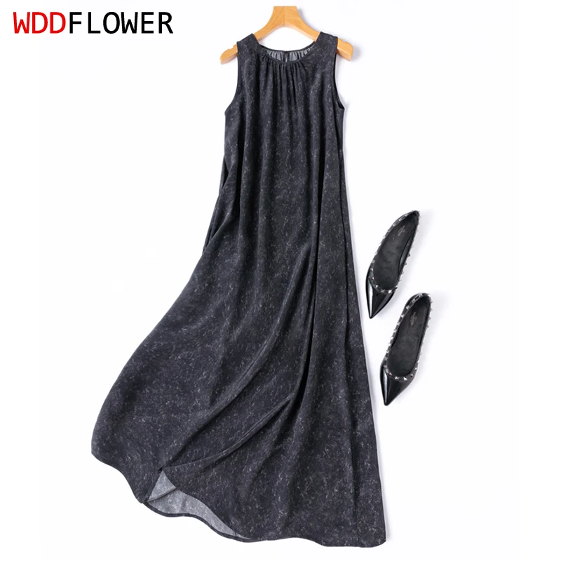Women Silk Tank Dress 100% Mulberry Silk 16 Momme Crepe Silk Dark Gray Printed Sleeveless A-Line Long Type Midi Dress M1363
Women Silk Tank Dress 100% Mulberry Silk 16 Momme Crepe Silk Dark Gray Printed Sleeveless A-Line Long Type Midi Dress M1363