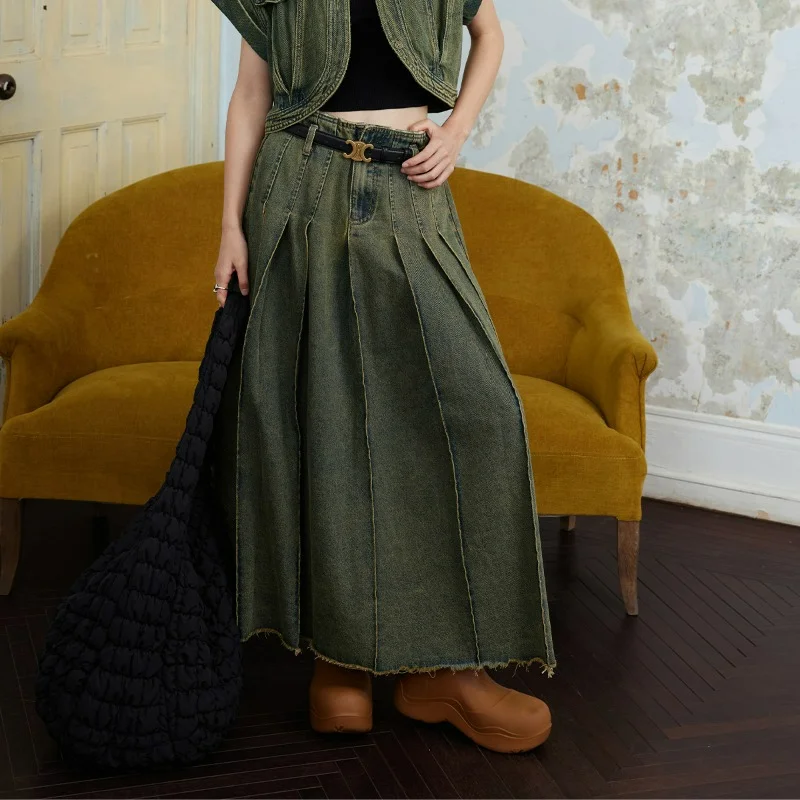 Retro Distressed Pleated Denim Skirts Cotton Raw Edge Design A-line Women 2023 Autumn New Long Skorts Fashion Clothes Pockets
Retro Distressed Pleated Denim Skirts Cotton Raw Edge Design A-line Women 2023 Autumn New Long Skorts Fashion Clothes Pockets