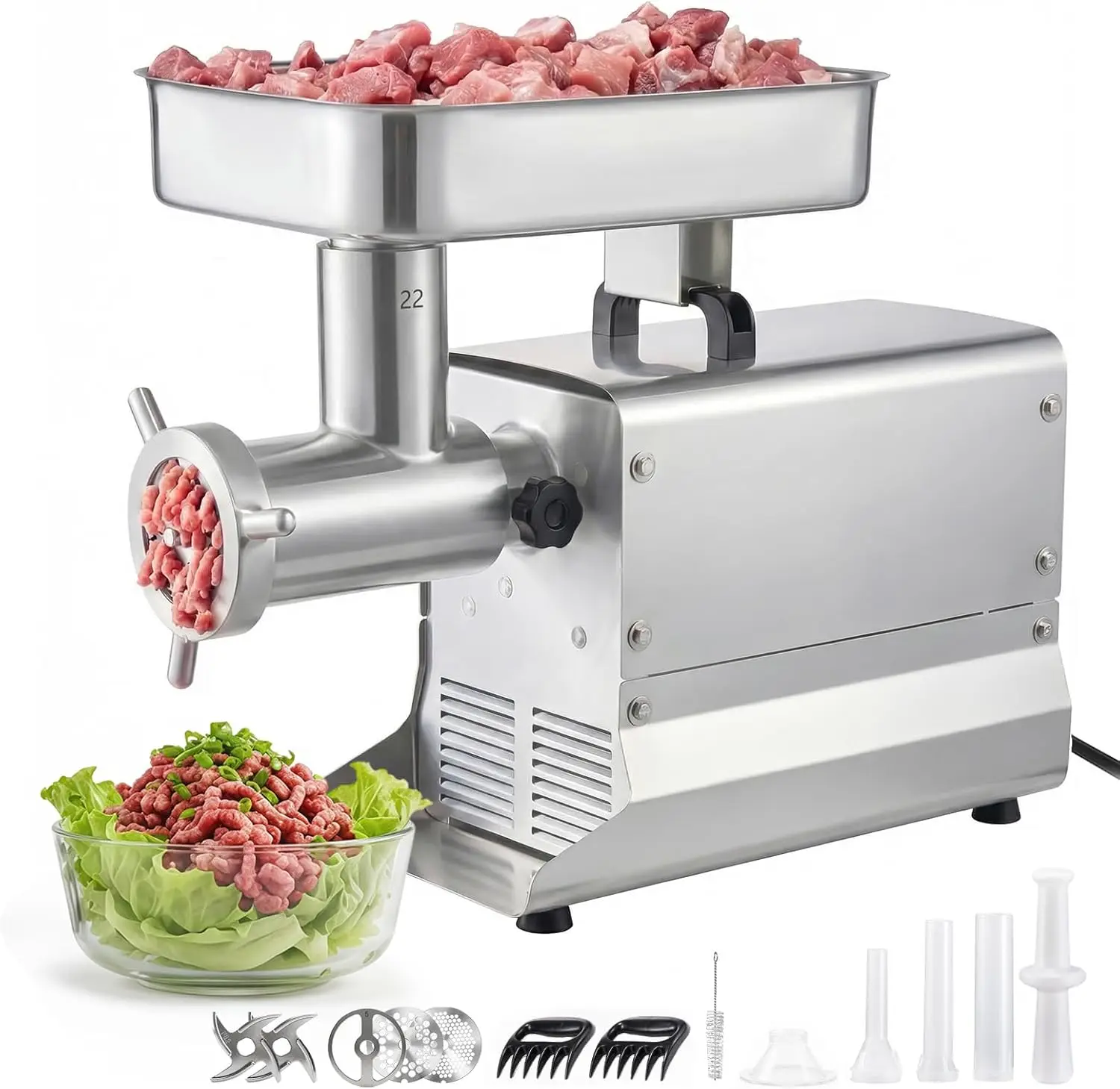 Commercial Meat Grinder, 13 Lbs/Min Capacity, #22 Electric Meat Mincer with 3 Plates, 3 Sausage Stuffing Tubes, 750W/1HP Stainle
Commercial Meat Grinder, 13 Lbs/Min Capacity, #22 Electric Meat Mincer with 3 Plates, 3 Sausage Stuffing Tubes, 750W/1HP Stainle