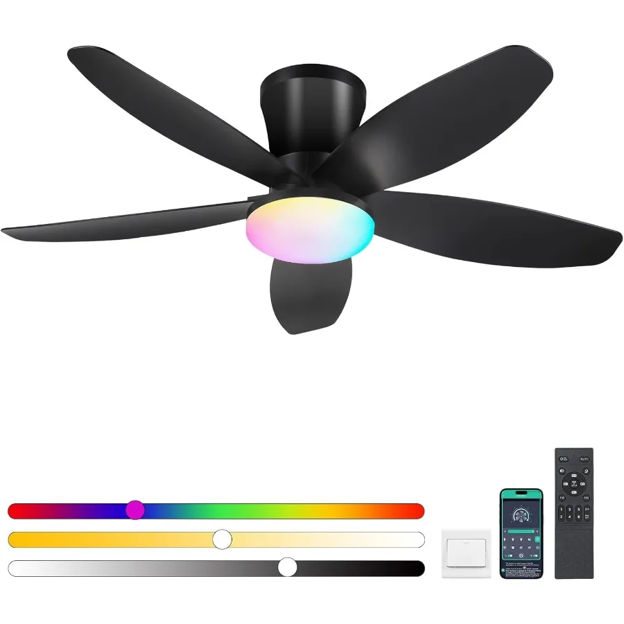 Flush Mount RGB Ceiling Fans with Lights 36 Inch Low Profile Ceiling Fan with Integrated LED Light and Remote APP Control DC Re