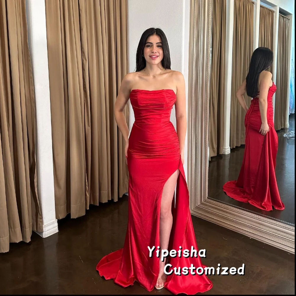 Satin Mermaid Side Slit Strapless Prom Dresses Criss-Cross Customized Evening Dress Sleeveless Sweep Train فساتين للمن
Satin Mermaid Side Slit Strapless Prom Dresses Criss-Cross Customized Evening Dress Sleeveless Sweep Train فساتين للمن