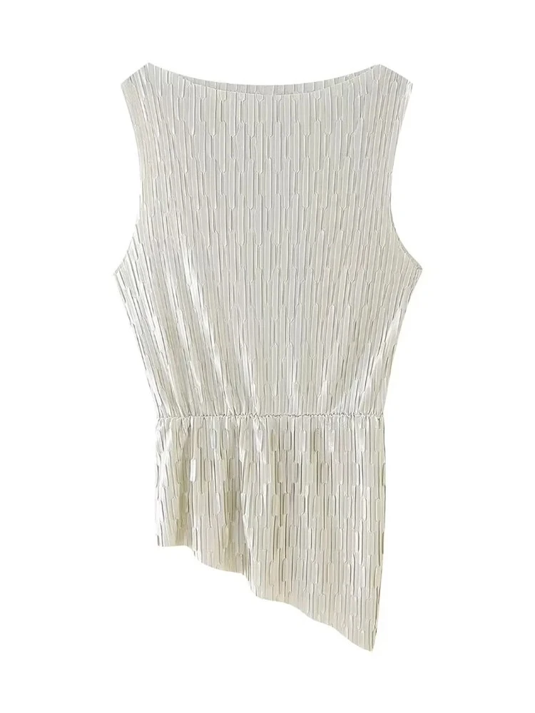 Womens Summer Fashion Pleated Decoration Beige Slim Sleeveless Tops With Elastic High Waist Floor Pants Suit
Womens Summer Fashion Pleated Decoration Beige Slim Sleeveless Tops With Elastic High Waist Floor Pants Suit