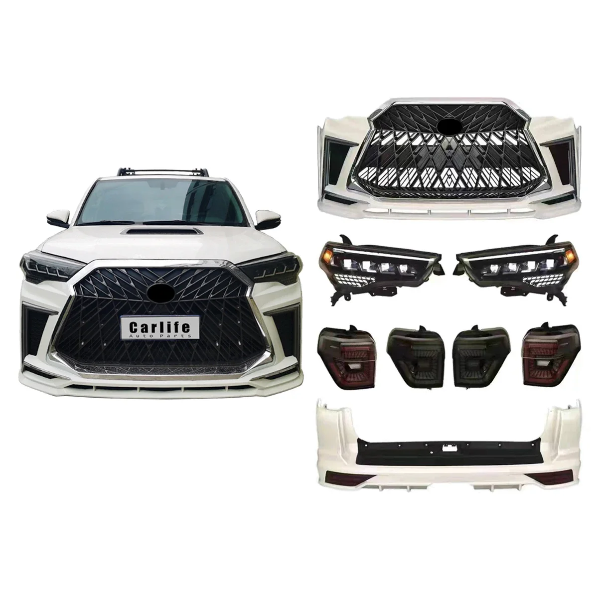 PP material bumpers bodykit consist of headlight for toyota 4 runner 2010- 2021 modified to lexus model.
PP material bumpers bodykit consist of headlight for toyota 4 runner 2010- 2021 modified to lexus model.