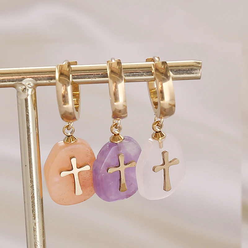 Stainless Steel Natural Gem StoneWithThe Jesus Cross Engraving Charm Pendant Drop Dangle Rectangle Cross Earrings For Women
Stainless Steel Natural Gem StoneWithThe Jesus Cross Engraving Charm Pendant Drop Dangle Rectangle Cross Earrings For Women