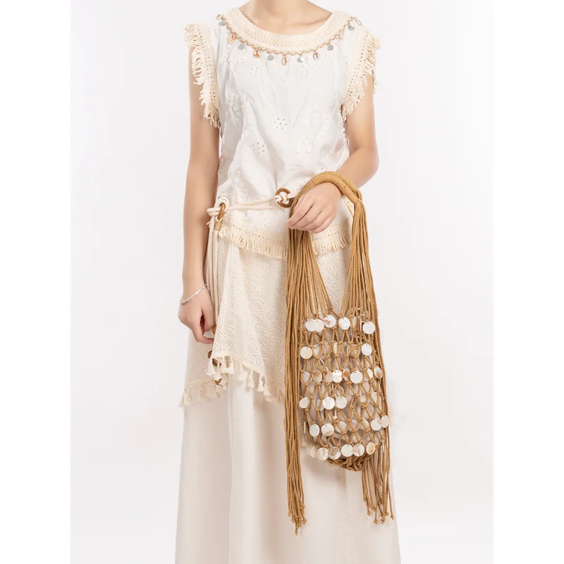 Bohemian Macrame Shell Tote Bag, Beige Woven Fringe Shoulder Bag, Summer Beach Casual Handbag with Shell Accents
Bohemian Macrame Shell Tote Bag, Beige Woven Fringe Shoulder Bag, Summer Beach Casual Handbag with Shell Accents