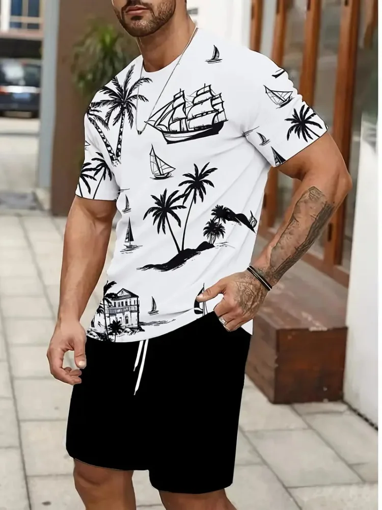 Summer Men's Casual Short Sleeve Set Coconut Tree Sailboat Print Casual Fashion Street Clothing Short Sleeve Shorts 2 Pieces
Summer Men's Casual Short Sleeve Set Coconut Tree Sailboat Print Casual Fashion Street Clothing Short Sleeve Shorts 2 Pieces