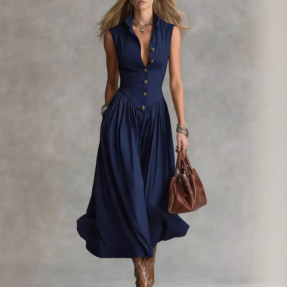 Women's French Elegant Sleeveless Maxi Dress Lapel Collar Single Breasted Button Slim Waist Flowy Long Dress For Women Summer
Women's French Elegant Sleeveless Maxi Dress Lapel Collar Single Breasted Button Slim Waist Flowy Long Dress For Women Summer