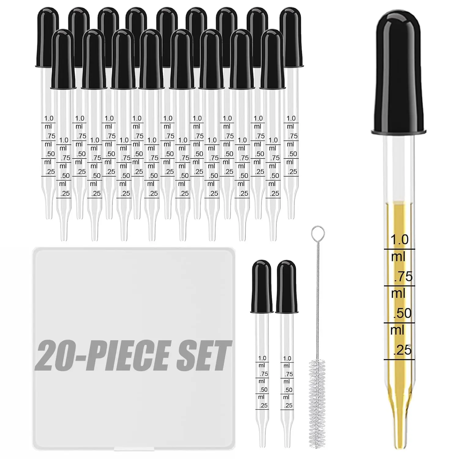 20 Glass Droppers with Case & Brush, 1ml Pipettes for Oils, Medicine, Crafts
20 Glass Droppers with Case & Brush, 1ml Pipettes for Oils, Medicine, Crafts
