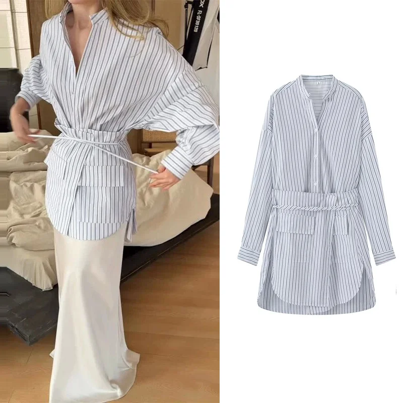 PRINTKAOIR Fashion Striped Stand Collar Shirt With Detachable Tie Hem Women Long Sleeve Blouse 2026 Summer Lady Casual Style Top
PRINTKAOIR Fashion Striped Stand Collar Shirt With Detachable Tie Hem Women Long Sleeve Blouse 2026 Summer Lady Casual Style Top