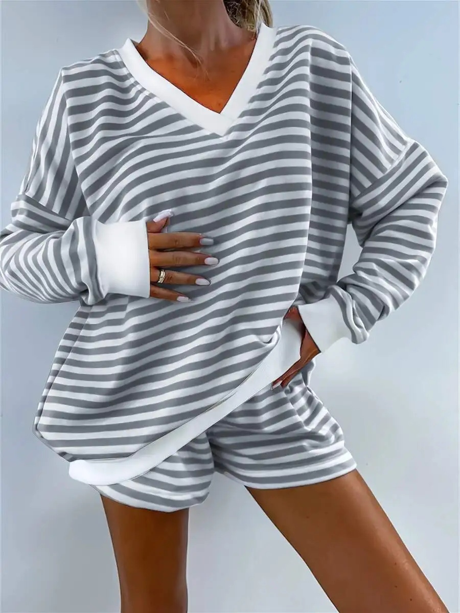 Womens Gray White Striped V-Neck Pajama Set Casual Home Wear
Womens Gray White Striped V-Neck Pajama Set Casual Home Wear