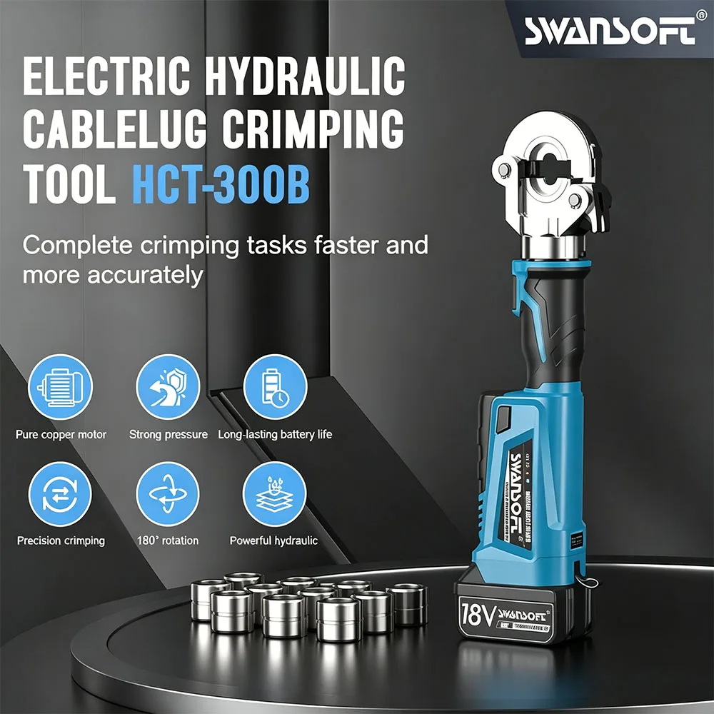 SWANSOFT HCT-300B 6Ton Electric Hydraulic Crimping Tool 6AWG-600MCM Rechargeable Crimper for Cu/Al Terminal 20000 Times Crimp
SWANSOFT HCT-300B 6Ton Electric Hydraulic Crimping Tool 6AWG-600MCM Rechargeable Crimper for Cu/Al Terminal 20000 Times Crimp