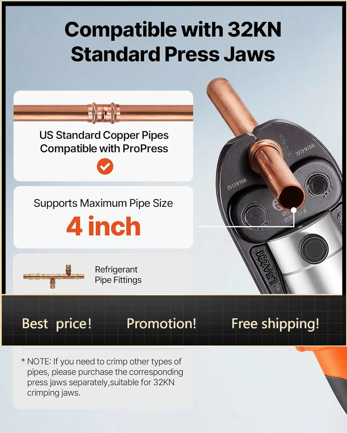 Press Tool, 18V Electric Crimping Tool for 1/2", 3/4", 1", 1-1/4", 1-1/2", 2" Copper Pipes, 32KN Press Tool Compatible with ProP
Press Tool, 18V Electric Crimping Tool for 1/2", 3/4", 1", 1-1/4", 1-1/2", 2" Copper Pipes, 32KN Press Tool Compatible with ProP