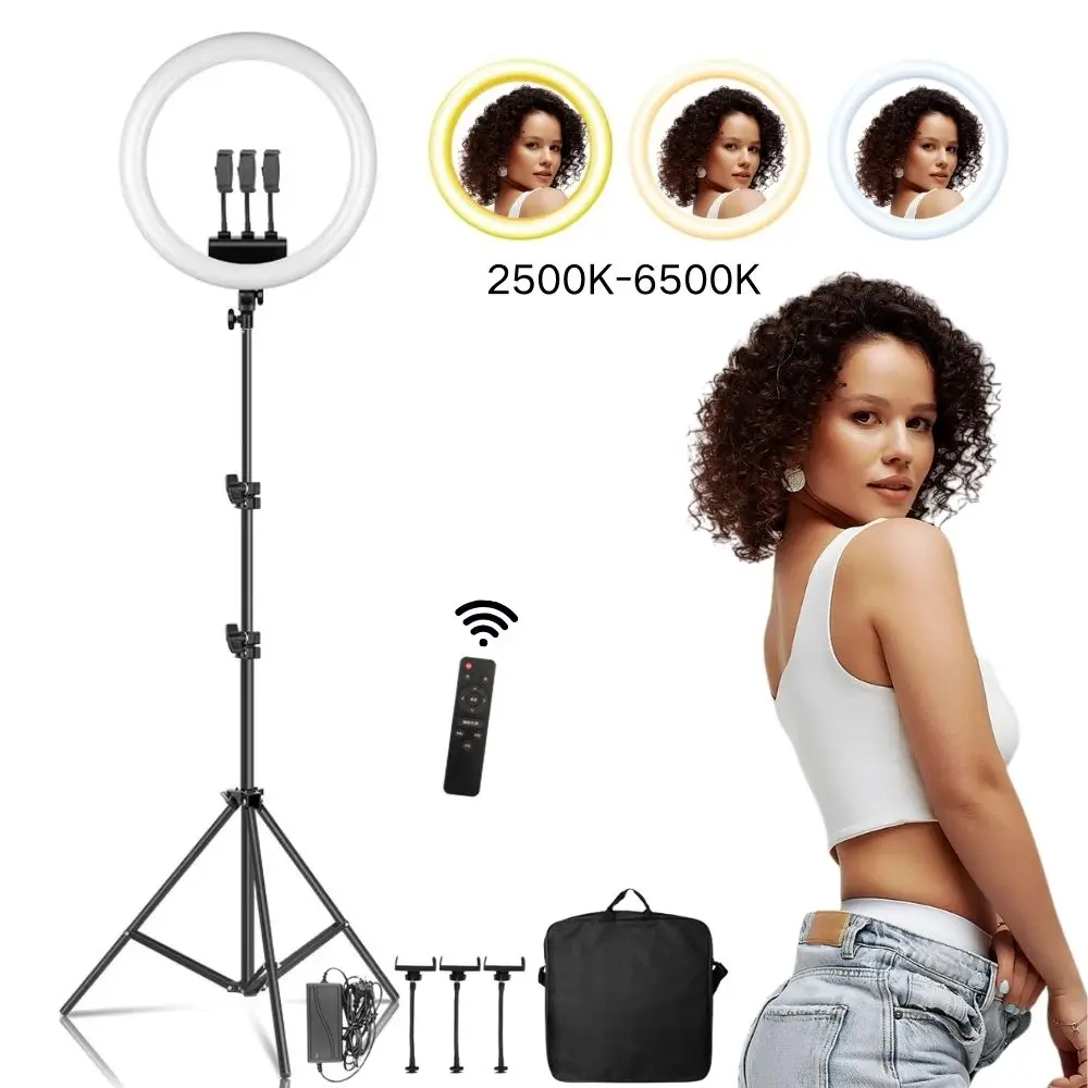 18 Inch LED Ring Light with Tripod Stand Selfie Video Remote Control Photography Lighting for Phone YouTube Live Photo Studio
18 Inch LED Ring Light with Tripod Stand Selfie Video Remote Control Photography Lighting for Phone YouTube Live Photo Studio