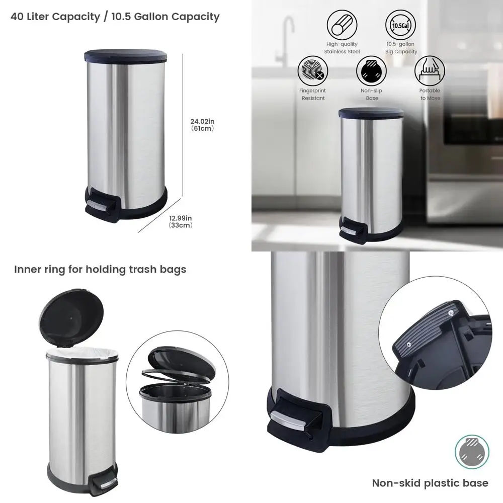 10.5 Gallon Step-On Silver Trash Can with Removable Lid and Inner Bucket
10.5 Gallon Step-On Silver Trash Can with Removable Lid and Inner Bucket