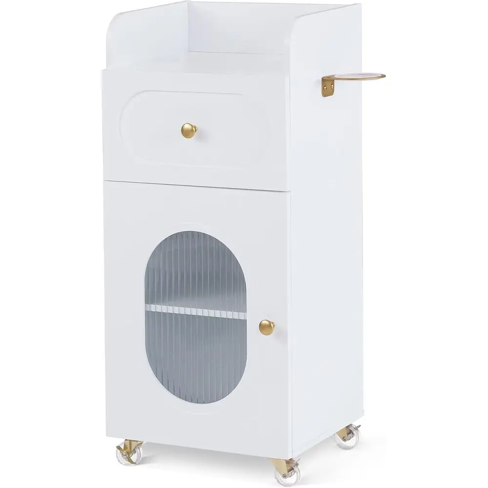 White Rolling Trolley with Wheels, Storage Cart with Drawer and Shelves, Oval Window, Gold Hardware, on Casters, Barber/Stylist
White Rolling Trolley with Wheels, Storage Cart with Drawer and Shelves, Oval Window, Gold Hardware, on Casters, Barber/Stylist