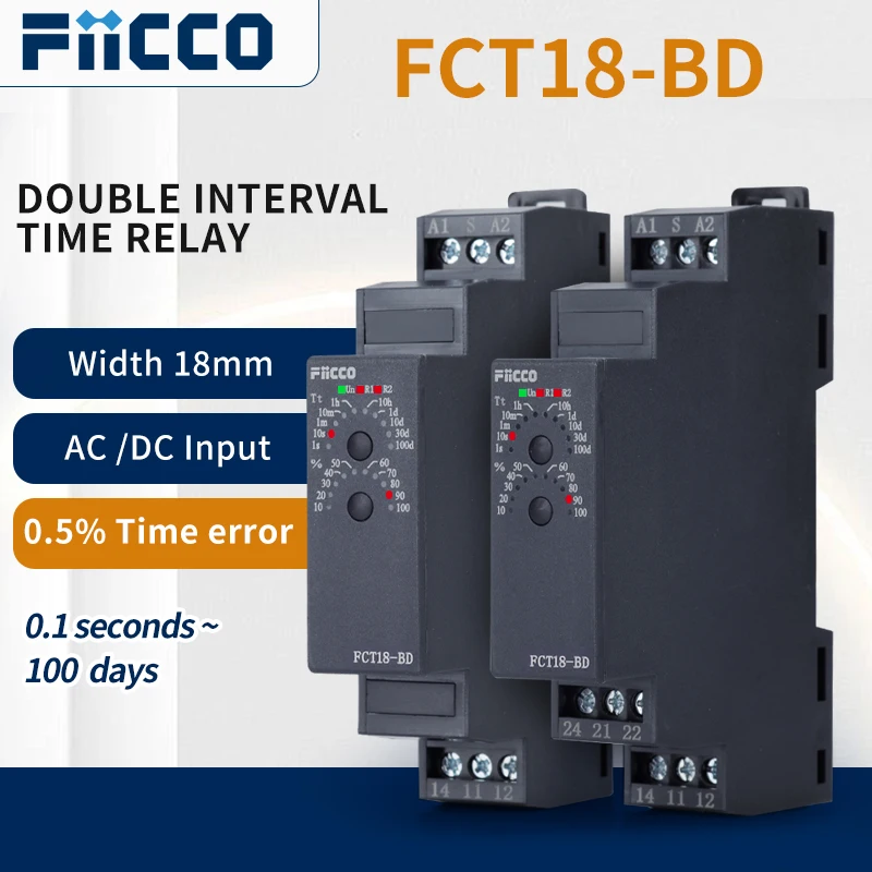 Fiicco FCT18-BD 18mm Din Rail Double Interval OFF Delay Industrial Timer Relay for Motor Automation
Fiicco FCT18-BD 18mm Din Rail Double Interval OFF Delay Industrial Timer Relay for Motor Automation