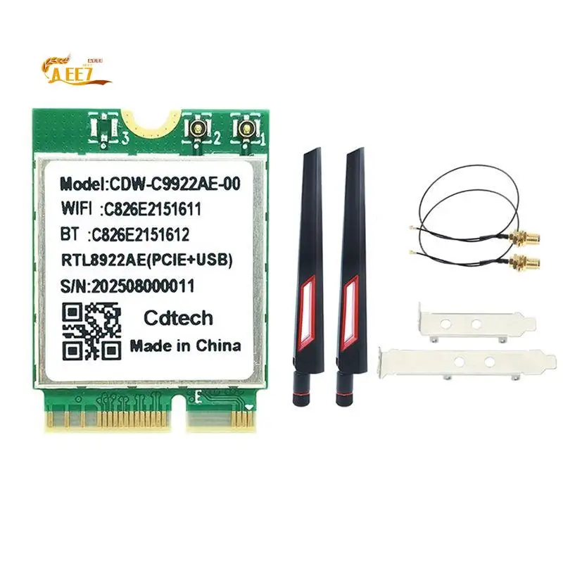 AEE7-RTL8922AE Wifi7 Card 6338Mbps Tri-Band 2.4G/5G/6G Wireless Wifi Adapter Bluetooth5.4 M.2 For Win10/Win11+10DB Antenna
AEE7-RTL8922AE Wifi7 Card 6338Mbps Tri-Band 2.4G/5G/6G Wireless Wifi Adapter Bluetooth5.4 M.2 For Win10/Win11+10DB Antenna