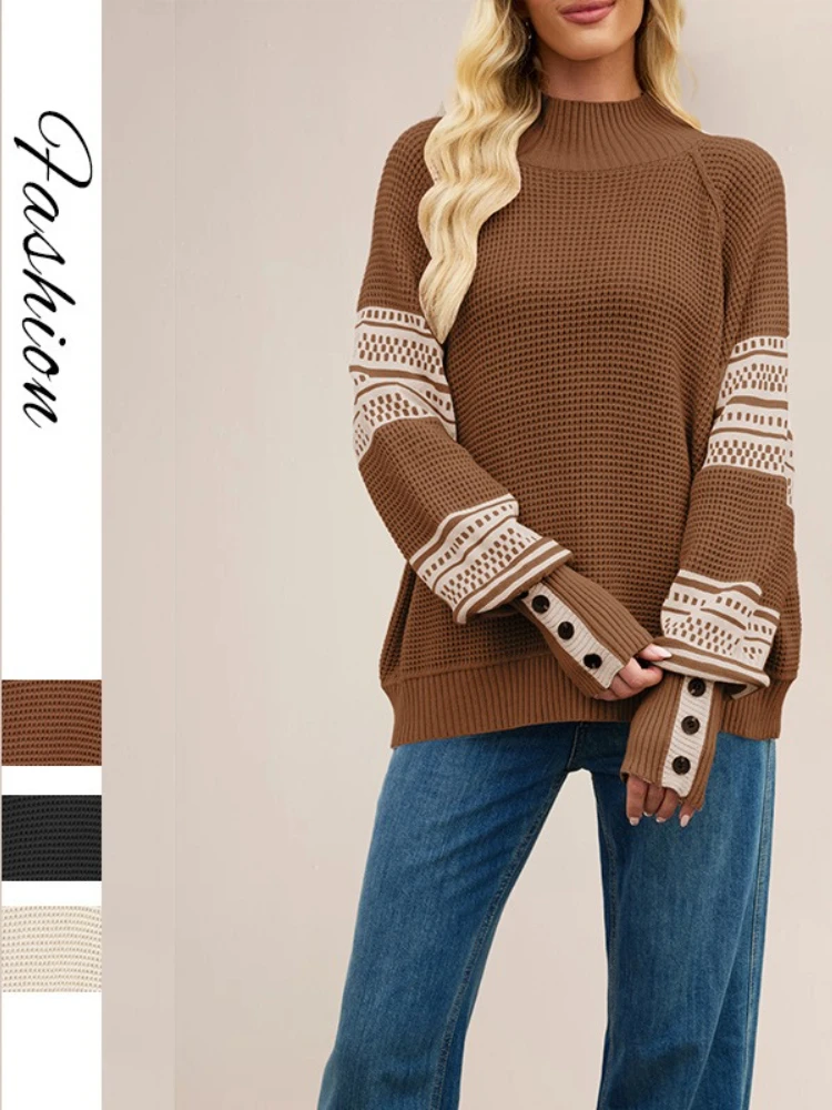 Осенний пуловер, вязаные свитера, женские повседневные джемперы, цветные длинные рукава-фонарики, свободные элегантные пуговицы с высоким воротником
Осенний пуловер, вязаные свитера, женские повседневные джемперы, цветные длинные рукава-фонарики, свободные элегантные пуговицы с высоким воротником