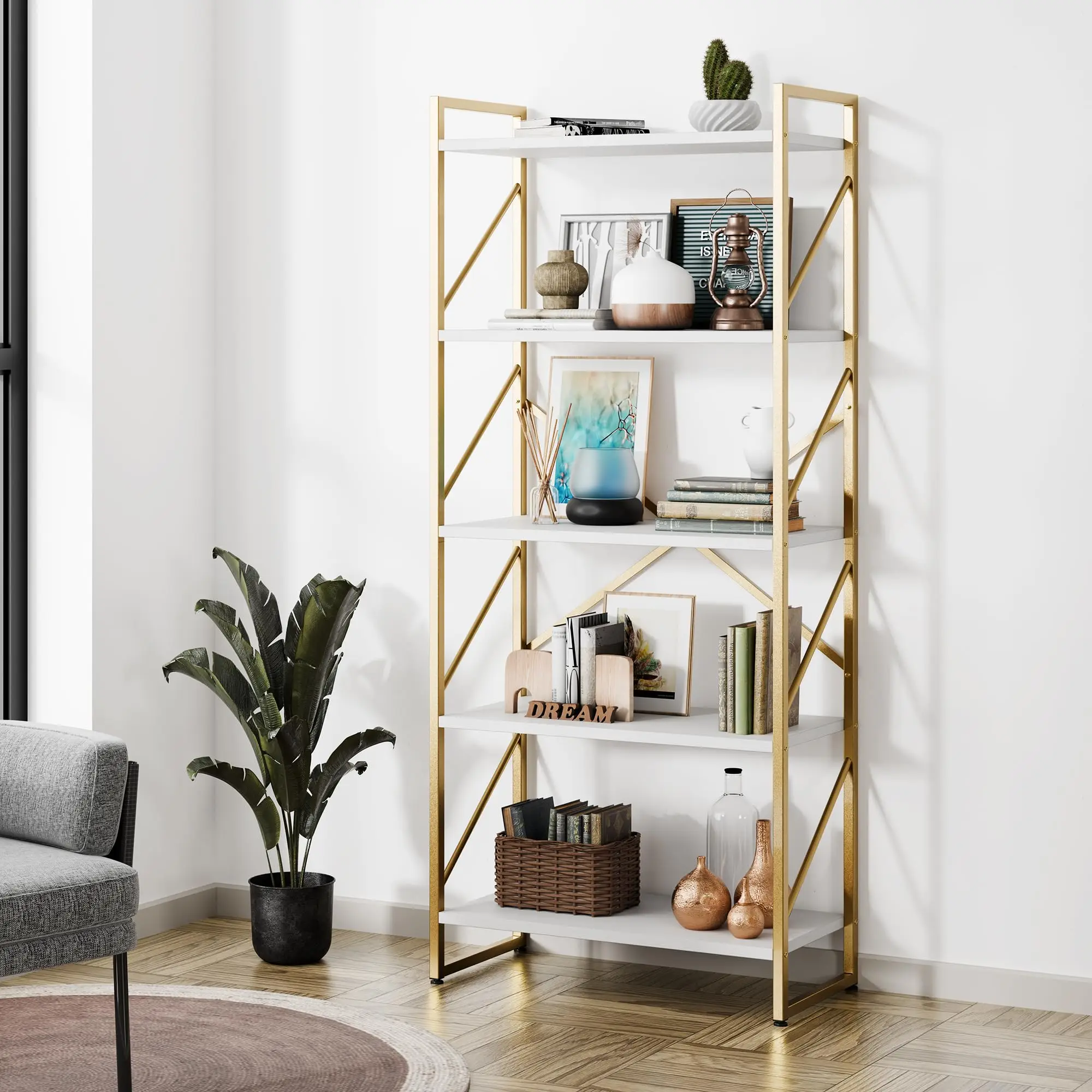 5 Tier Modern Bookshelf With Metal Frame White Shelves For Living Room Office Storage
5 Tier Modern Bookshelf With Metal Frame White Shelves For Living Room Office Storage