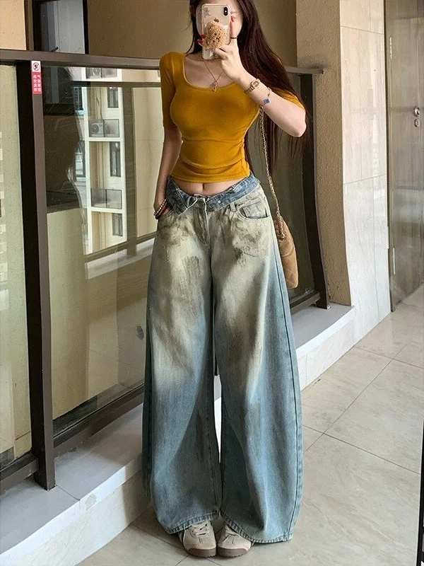 Retro American Dirtied Wide Leg Jeans Women's Loose High Waist Jeans Casual High Waist Loose Fit Denim Pants Summer New
Retro American Dirtied Wide Leg Jeans Women's Loose High Waist Jeans Casual High Waist Loose Fit Denim Pants Summer New