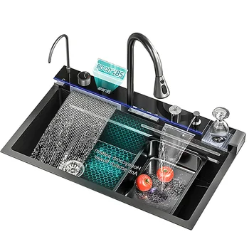 LED Digital Display Waterfall Kitchen Sink Stainless Steel Single Bowl With Faucet Water Saving & Anti-Scratch Cup Washer
LED Digital Display Waterfall Kitchen Sink Stainless Steel Single Bowl With Faucet Water Saving & Anti-Scratch Cup Washer