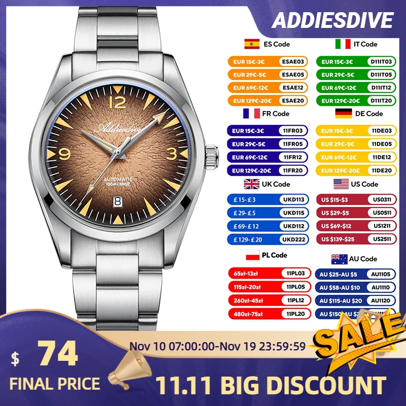 ADDIESDIVE Роскошные автоматические механические часы для мужчин из нержавеющей стали 316L 100 м водонепроницаемые винтажные дайверские часы BGW9 со светящейся датой
ADDIESDIVE Роскошные автоматические механические часы для мужчин из нержавеющей стали 316L 100 м водонепроницаемые винтажные дайверские часы BGW9 со светящейся датой