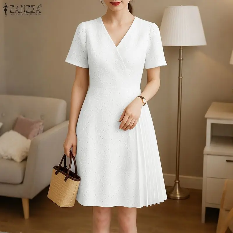 Women's Knee-Length Dresses Openwork Embroidered Casual V-Neck Short Sleeve A-Line Dress Pleated Patchwork ZANZEA Woman Clothes
Women's Knee-Length Dresses Openwork Embroidered Casual V-Neck Short Sleeve A-Line Dress Pleated Patchwork ZANZEA Woman Clothes