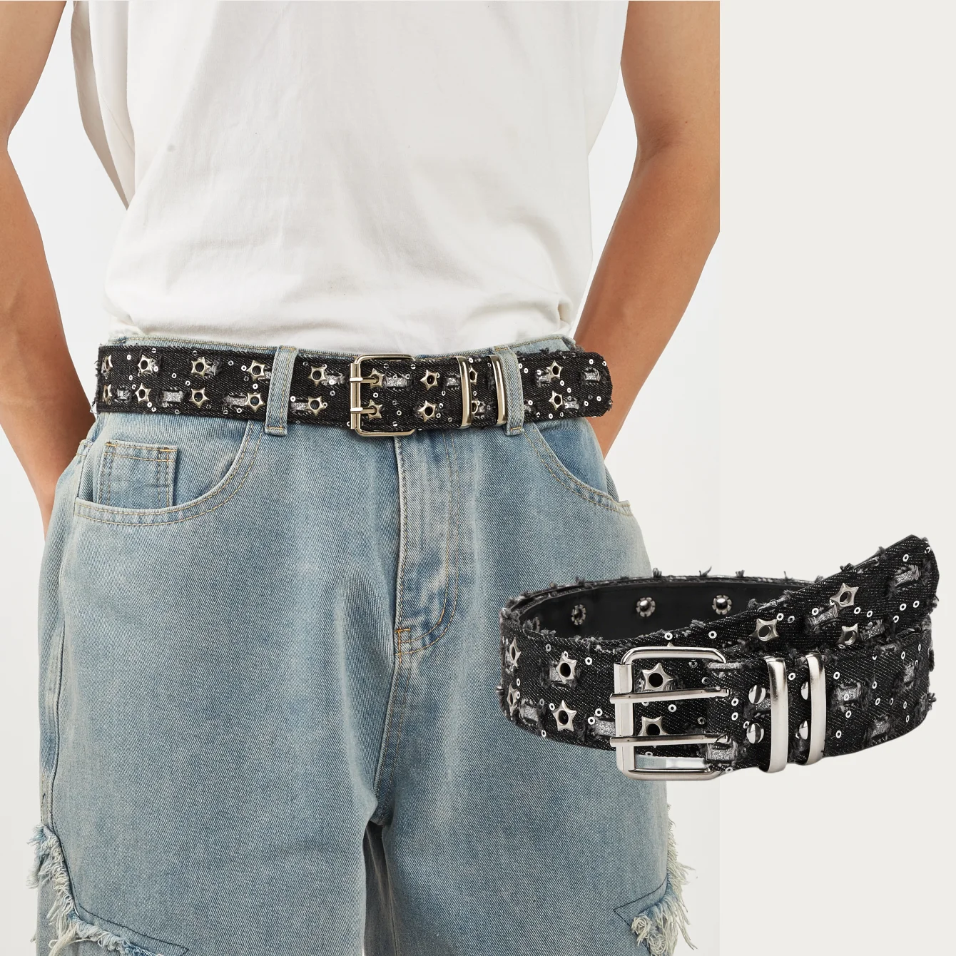 1pc men's punk y2k casual black denim star hollow double-row hole belt jeans versatile decorative belt
1pc men's punk y2k casual black denim star hollow double-row hole belt jeans versatile decorative belt